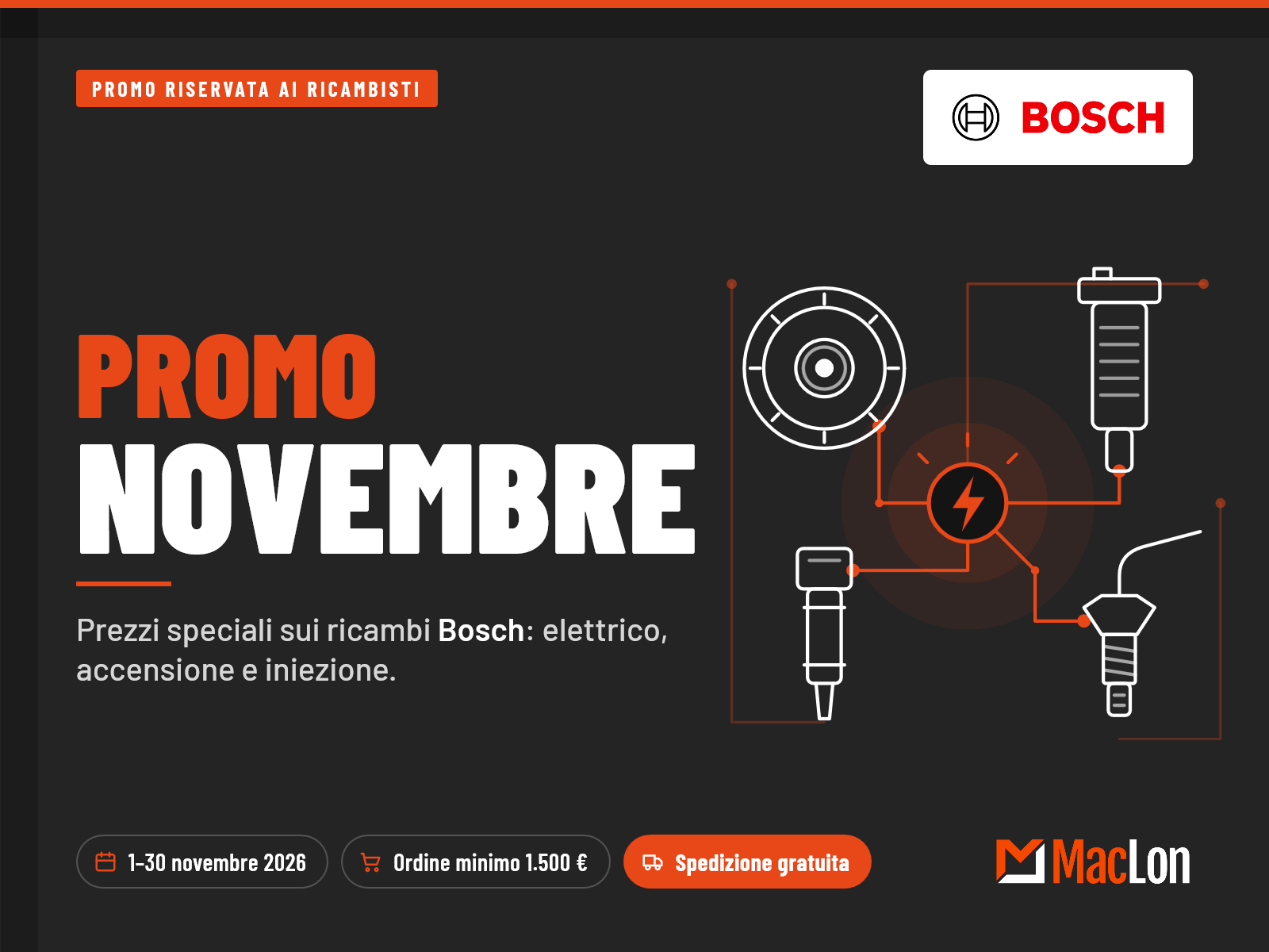 Promo Bosch MacLon – novembre 2026: prezzi speciali per i ricambisti, ordine minimo 1.500 €, spedizione gratuita